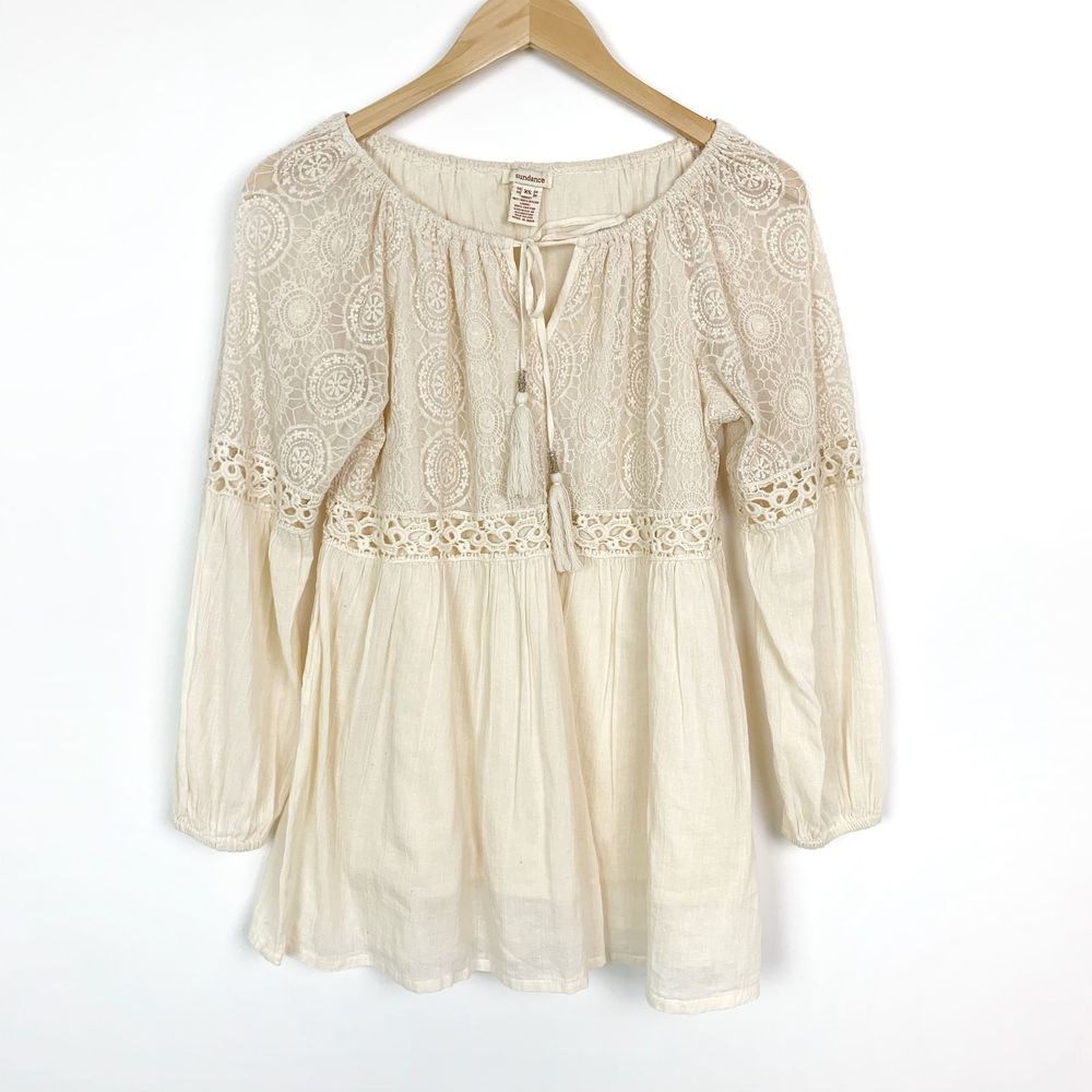 Sundance Ivory Embroidered Peasant Tassel Top XS
